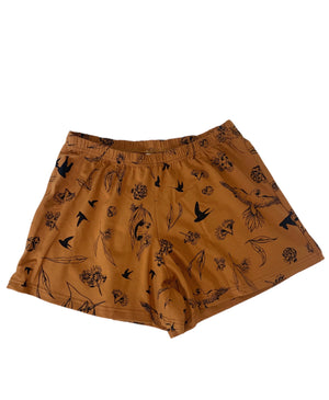 Ladies Organic Cotton Summer Pyjama Shorts- ""Swift Parrot" in Terracotta