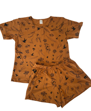 Ladies Organic Cotton Summer Pyjama Shorts- ""Swift Parrot" in Terracotta