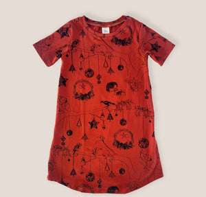 Kids Organic Cotton Summer Dress - "Native Christmas" in Earth Red