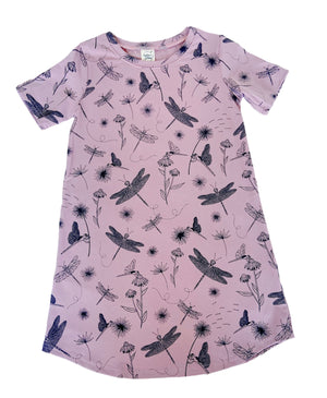 Kids Organic Cotton Summer Dress - "Globe Wanderer Dragonfly" in ash pink