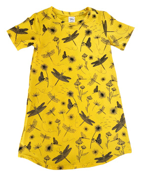 Kids Organic Cotton Summer Dress - "Globe Wanderer Dragonfly" in Daffodil